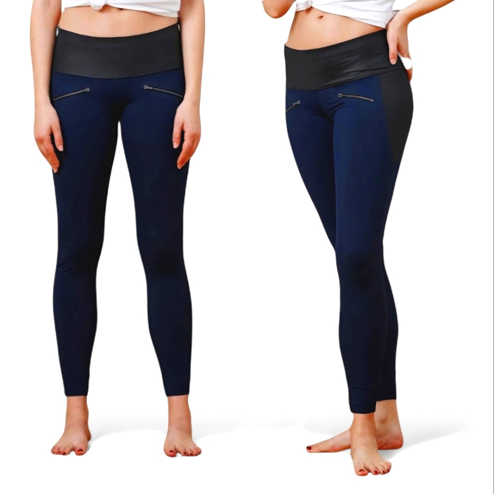 ADAY Throw & Roll Navy/Black Leggings with Brass Zipper Accents Size L